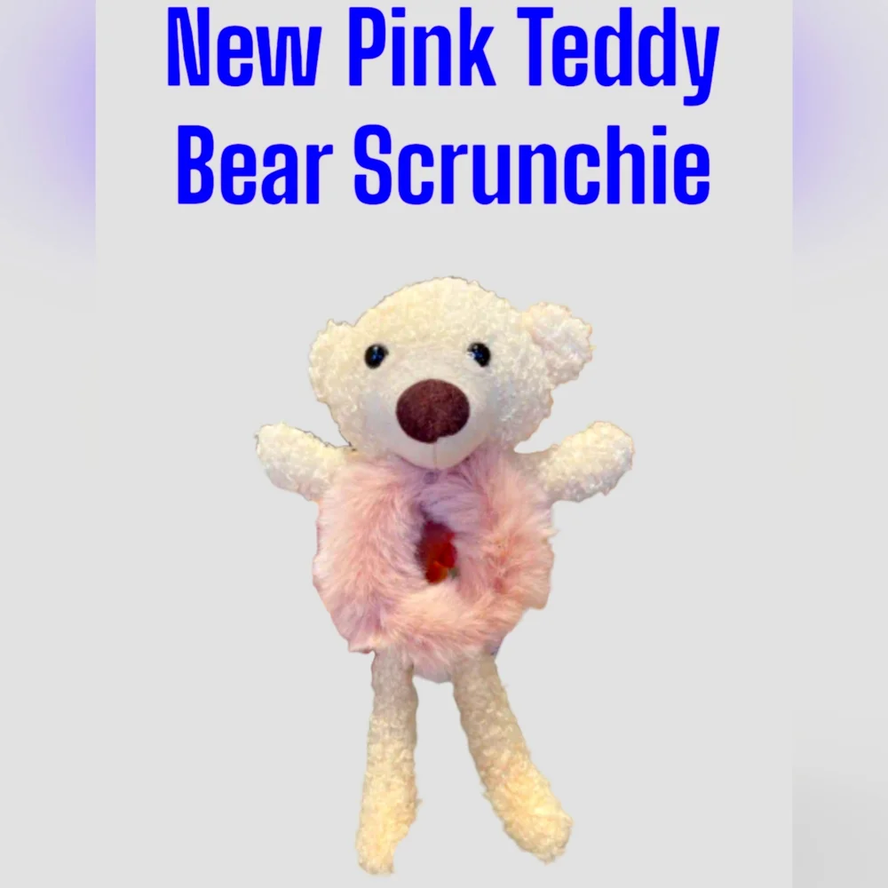 Teddy Bear w Fur belly Hair Scrunchie - Pink